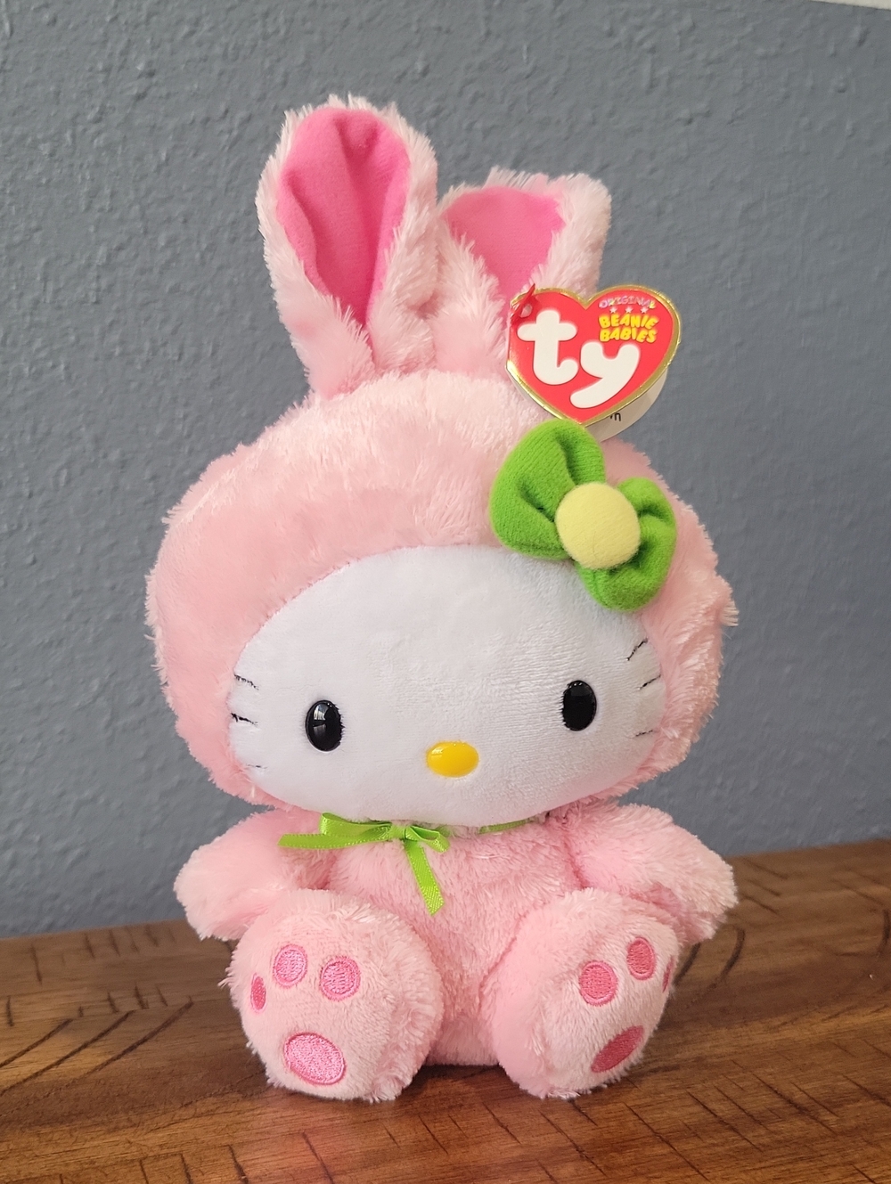 Ty Pink Bunny Hello Kitty Beanie Plush with Green Bow